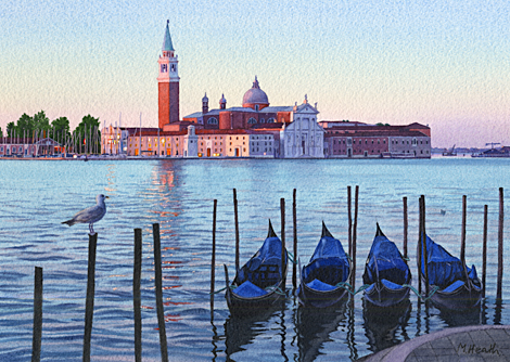 A painting of San Giorgio Maggiore and gondolas in Venice, Italy watched by a seagull at dawn by Margaret Heath.